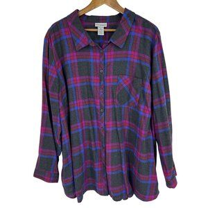 Catherines Womens Button-Up Plaid Gray/Purple Cotton Long Sleeve Shirt Size 3X